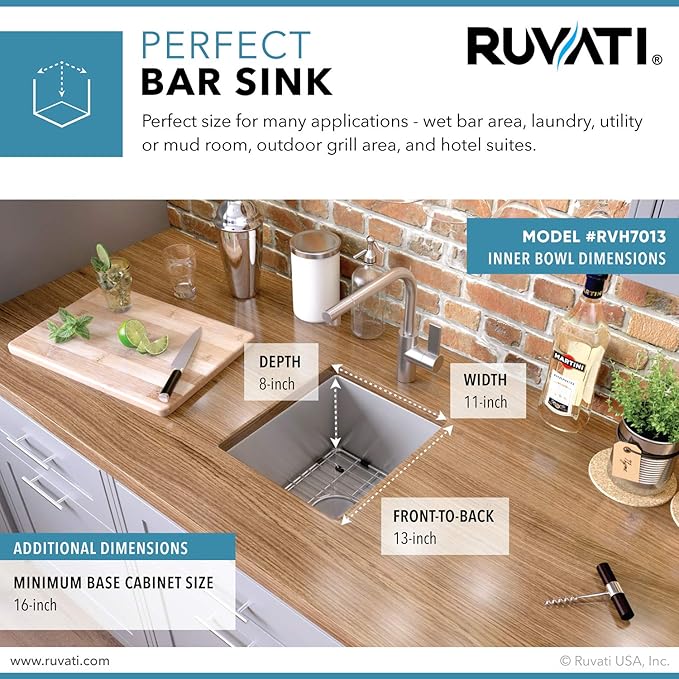 Ruvati 13 x 15 inch Undermount Bar Prep Tight Raduis 16 Gauge Kitchen Sink Stainless Steel Single Bowl - RVH7013