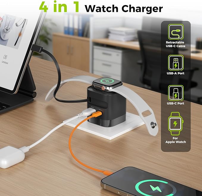 Charging Blocks for Apple Watch CHARCO 35W Retractable USB C Charger Block | 1 USB C and 1 USB A Wireless Smart Watch Charger with Foldable Plug Compatible with iPhone AirPods iWatch 1 Pack. With