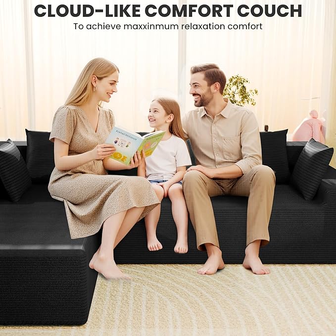 LEVELEVE 107" Cloud Sectional Couch with Deep Seat，Modern Modular Sofa with L-Shape Chaise，No Assembly Required, Upholstered Couches for Living Room Bedroom(Black,Left Facing Chaise)