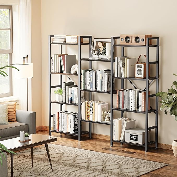 SUPERJARE Triple 4 Tier Bookshelf, Bookcase with 11 Open Display Shelves, Wide Book Shelf Book Case for Home & Office, Black
