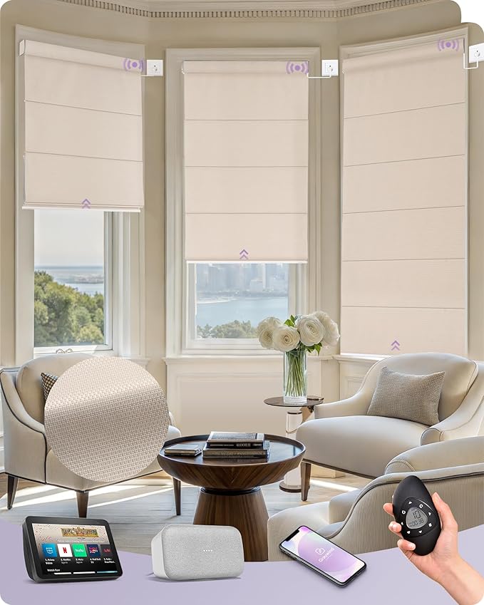 Graywind Smart Roman Shades Compatible with Alexa Google WiFi Hardwired Automatic Blinds with Remote Blackout Plain Fold Soft Roman Window Shades for Windows Doors, Custom Size (Textured Beige)