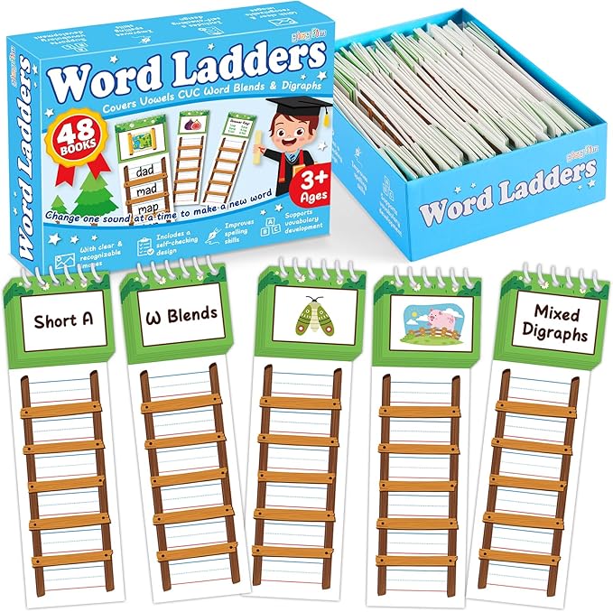 48 Word Family Build Book Spell Read and Rhyme Flip Activity Books Vocabulary Flashcards Kindergarten Sight Phonics Flashcard Learn to Read Activity Games for Kids Homeschool Supplies(Word Ladders)