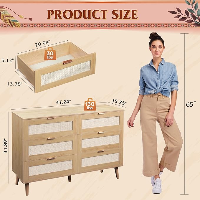 WLIVE Rattan Dresser for Bedroom, 6 Drawer 47.24'' Wide Boho Wood Dresser, Chest of Drawers, Gold Metal Handle, TV Stand for 55 inch TV, Storage Cabinet for Living Room, Hallway, Light Oak