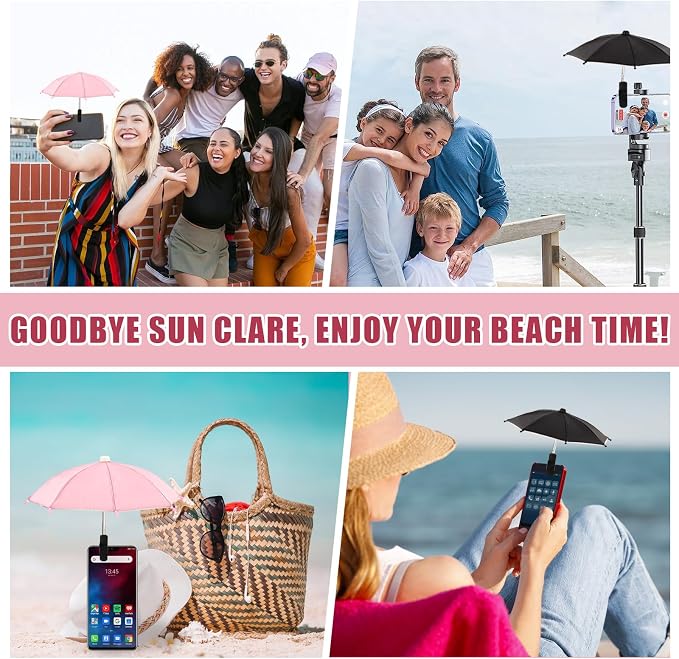 2 PCS Phone Umbrella for Sun Mini Umbrella for Phone with Clip Bracket Used to Shade The Device and Prevent Dizziness Suitable for Beach Pool Outdoor (Black + Pink)