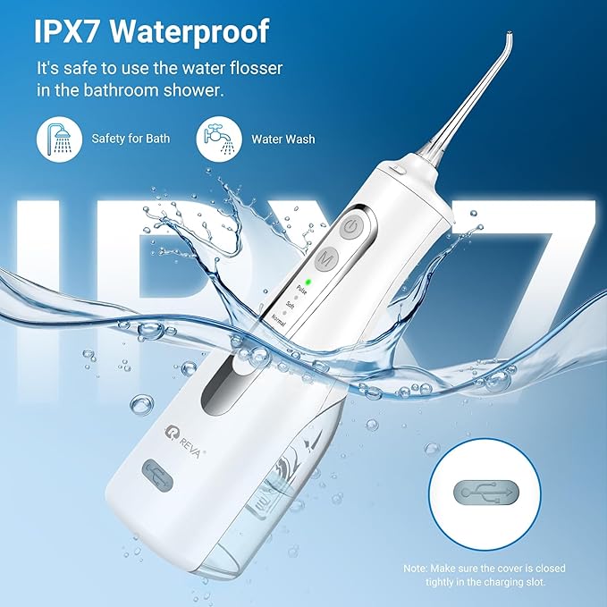 R REVA Cordless Water Flosser for Teeth, Gums & Braces – 4 Modes, 300ML Tank, 360° Nozzle, IPX7 Waterproof, USB Rechargeable 2000mAh Battery for Home & Travel (M149 Pro White)