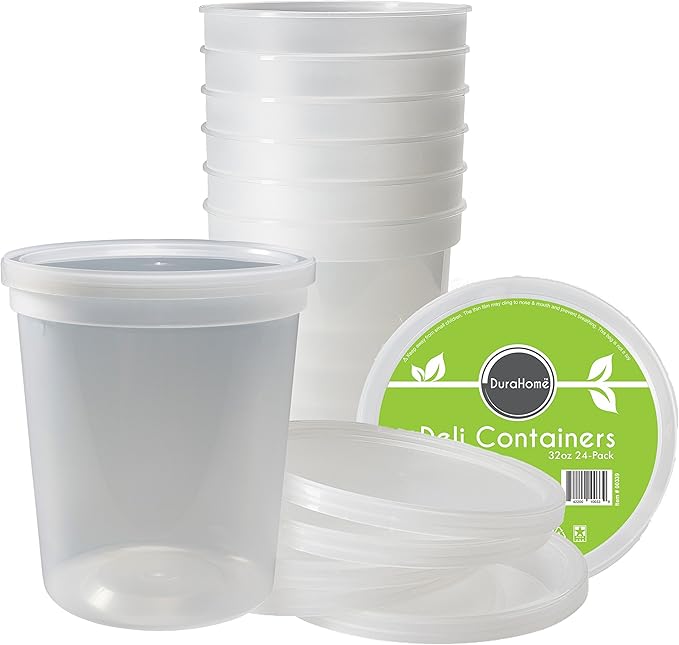 DuraHome - Deli food Storage Containers with Lids 32 oz, Quart Pack of 24 Leak-proof Freezer Safe Microwaveable Soup Storage Container - Clear Plastic Premium Quality