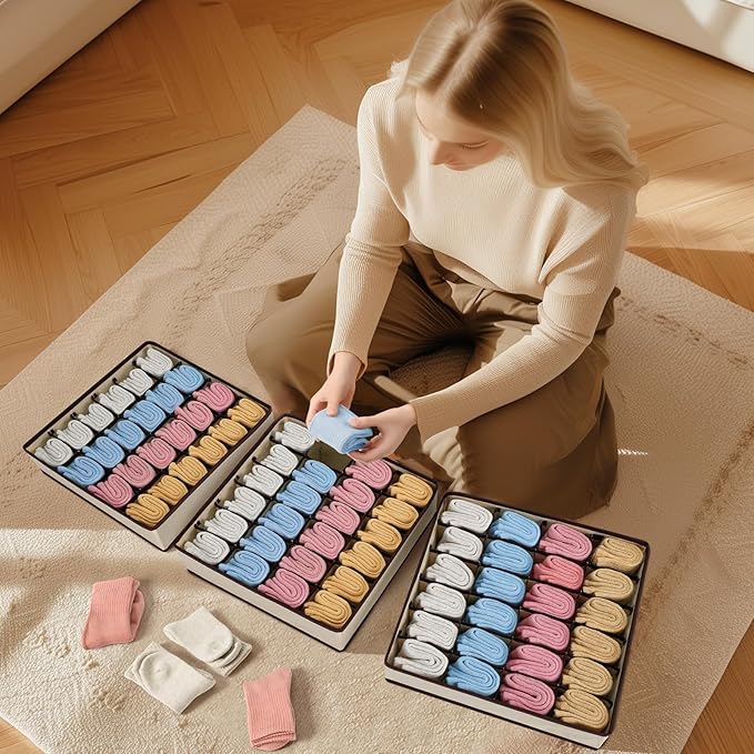 Joyoldelf Sock Organizer Drawer Organizer - Underwear Organizer, 24 Cell Collapsible Closet Organizers and Storage Sock Holders Organizers for Storing Socks, Ties, Belts 6 Pack Beige