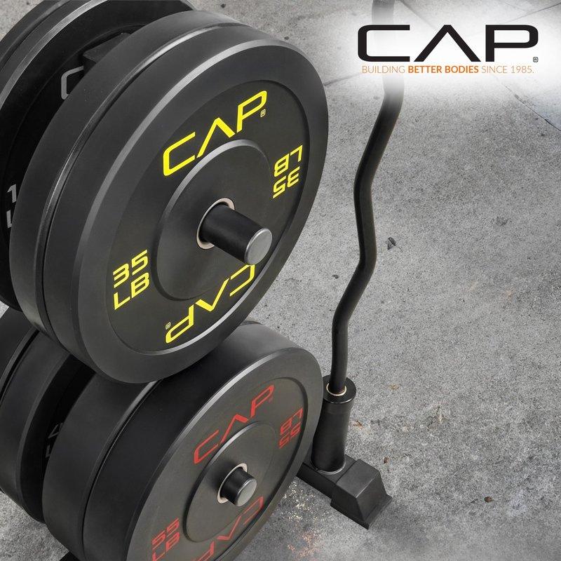 CAP 260 lb Elite Olympic Bumper Plate Set with Storage Rack, 2-Inch Olympic Plates, Medium Bounce Rubber Weight Plates with Stainless Steel Hub, 6 Weight Posts & 4 Barbell Holders for Weightlifting, Strength Training & Home Gym Workouts