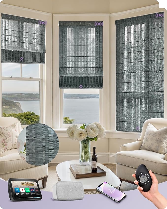 Graywind Smart Natural Roman Shades Compatible with Alexa Google Rechargeable Light Filtering Motorized Blinds with Remote Plain Fold for Doors Bedroom, Custom Size (Striped Charcoal)