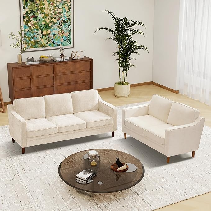 Kingfun Living Room Furniture Sets, 3 Seater Couch and Loveseat, Mid Century Modern Sofa Set, Chenille Couch with Solid Wood Frame for Living Room & Bedroom, Beige