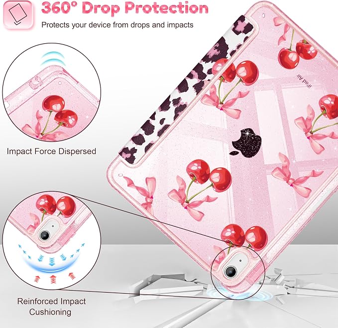 for iPad Air 11 inch M4/M3/M2 (2026/2025/2024) iPad Air 5th/4th Gen (2022/2020) 10.9 inch with Pencil Holder Glitter Clear Pretevtive Cover Auto Wake/Sleep Black Cartoon Stickers