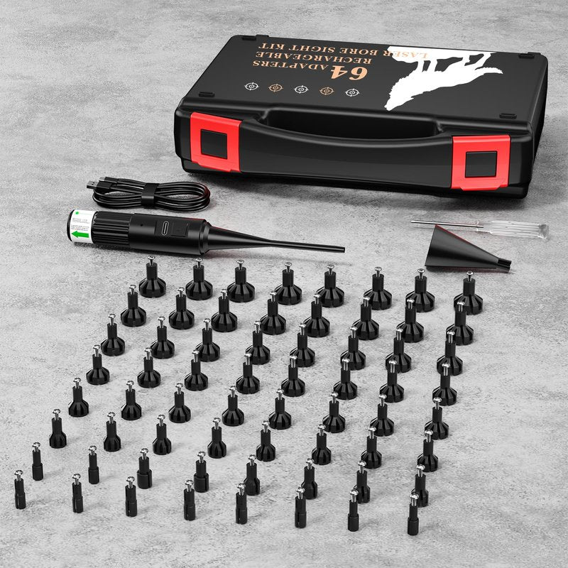 USB Rechargeable Bore Sight Laser, 64 Adapters Professional Green Laser Bore Sight Kit, Fit 0.17 to 12GA Calibers, Multiple Caliber Bright Bore Sighter Laser Powerful Support for All Gun, Rifle,Pistol