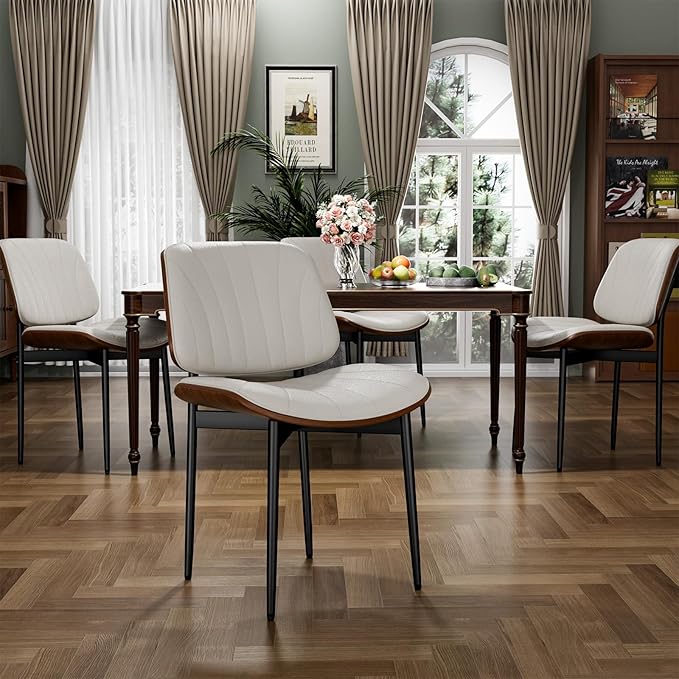 Dining Chairs Set of 2, Dining Room and Kitchen Chairs, Mid Century Modern Accent Chair, Upholstered PU Leather Chairs for Vanity with Walnut Bentwood and Metal Legs, Beige