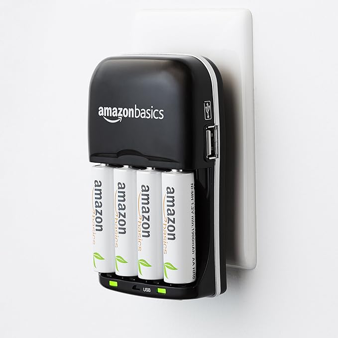 Amazon Basics Rechargeable Battery Charger for AA & AAA Ni-MH Batteries with USB Port, Portable, Travel-Friendly, Over-Charge Protection, Black