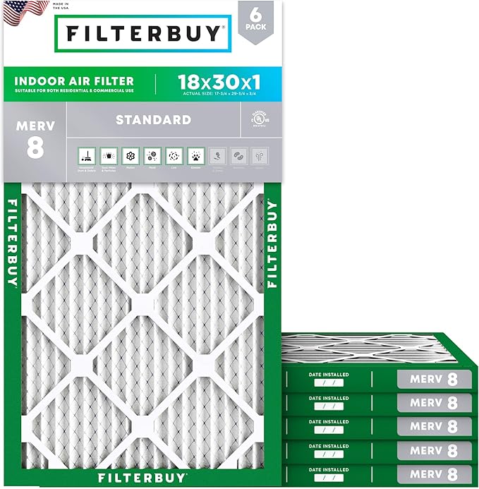 Filterbuy 18x30x1 Air Filter MERV 8 Essential Dust & Allergy Defense,