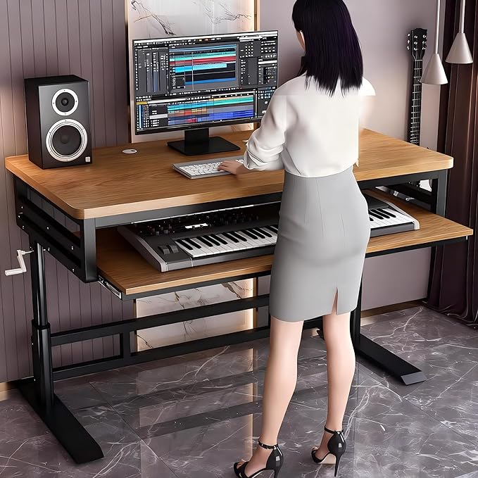 Studio Desk with Keyboard Tray | Hand-Crank Adjustable Standing Desk Workstation for Music Production, Cable Management, MIDI Keyboard Shelf (White, 47in)