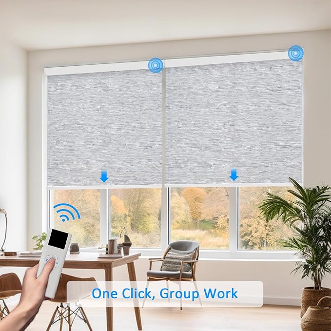 COOLWINDS Motorized Blinds with Remote Cordless Automatic Motorized Shades Custom Blinds for Windows Smart Curtains Compatible with Alexa Google Home(Light Filtering Jacquard Grey,W60 x H72in)