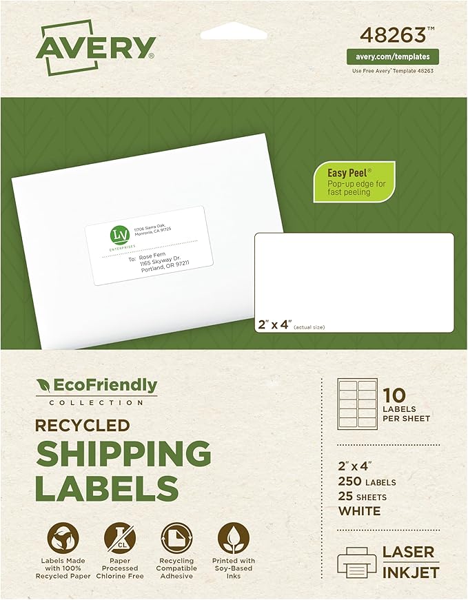 Avery EcoFriendly Recycled Shipping Labels, 2" x 4", White, Permanent Adhesive, Laser & Inkjet Printers, 250 Total, Great for Shipping and Mailing, Product Merchandising, and More (48263)