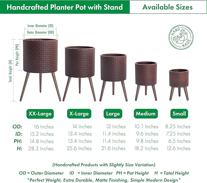 D'vine Dev 14 Inch Modern Geometric Tile Patterned Sleek Planter Pot with Stand, Indoor Outdoor Decorative Plant Holder, Espresso, 88-Z-D-6