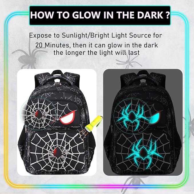 Boys Backpack with Lunch Box Glow in Dark Bookbag Kids Ages 4-12 Kindergarten Elementary School Spider Backpack, Luminous Spider Black