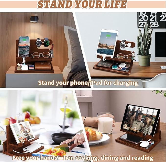 Wood Phone Docking Station - Nightstand Charging Organizer and Cell Phone Stand - Bedside Gift for Men