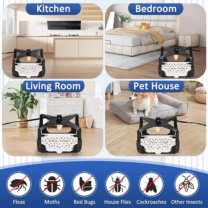 Flea Trap for Inside Your Home - 6 Bulbs & 8 Sticky Glue Boards for Bed Bug Control, Flying Insects Killer, Trap Pest Control for Bugs Gnats Moths Indoor and Outdoor（Black）