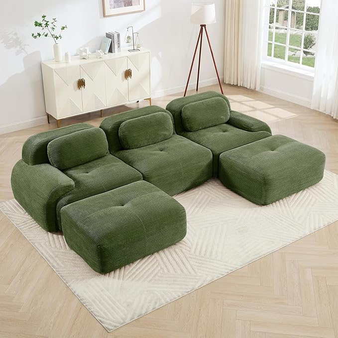 116" Modern Compressed Boneless Couch with Ottoman, 3 Seater Large U Shaped Sectional Couches for Living Room, Green Corduroy Cloud Modular Sectional Sofa, Memory Foam, Extra Deep, No Assembly
