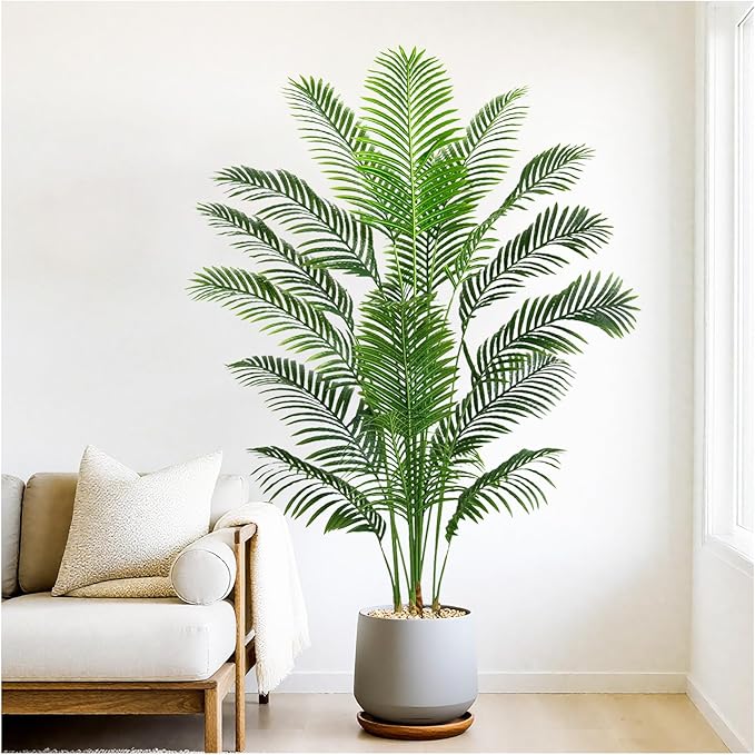 Artificial Palm Tree 7FT Artificial Plants Indoor Tropical Fake Palm Tree Areca Floor Plant in Black Pot with 18 Trunks & Real Bark Design, Faux Palm Plant for Outdoor Patio Home Room Office Decor
