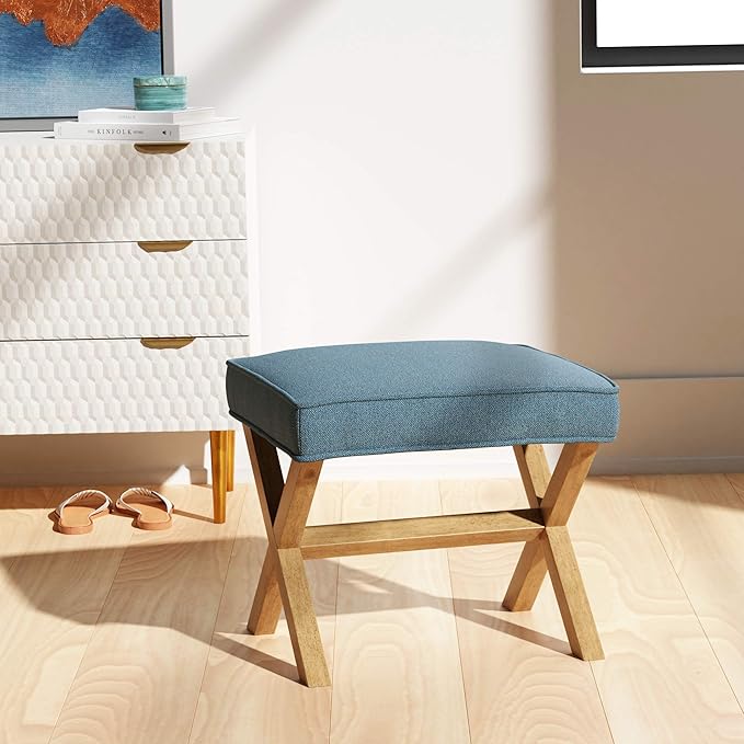 Amazon Basics Small Ottoman Foot Rest, Mid-Century Modern X Square Upholstered Fabric Stool for Living Room, Bedroom, Entryway, Extra Seating, 20"W x 18"D x 18"H, Indigo Blue
