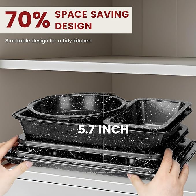 Terlulu 10-Piece Baking Pans Set, Bakeware Sets Nonstick, Baking Set for Oven Cooking, Stackable Carbon Steel Set Include Cookie Sheets, Muffin Pan, Cake Pan, Pizza Pan, Loaf Pan, Roasting Pan, Black