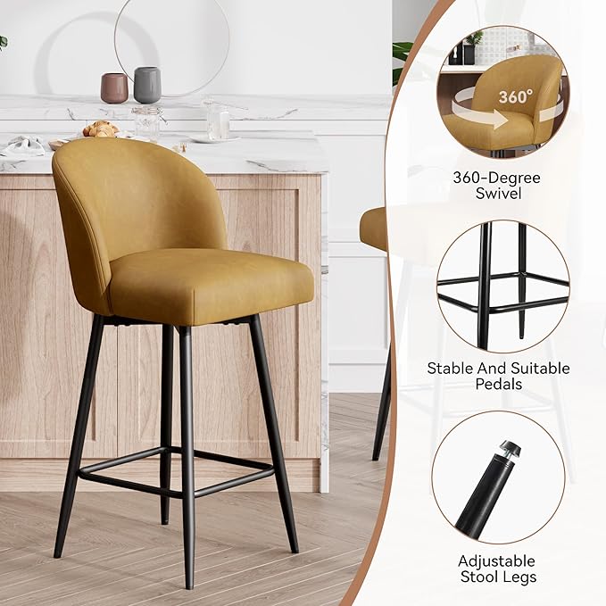 Counter Height Bar Stools Set of 2,360° Swivel Barstools with High Back and Metal Legs,26" Seat Height, Upholstered PU Leather Bar Chairs for Kitchen Island, Dining Room,Cafes,Yellow