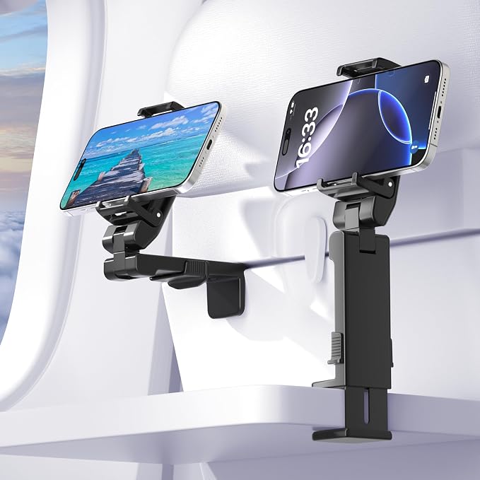 Perilogics Gen 2 Airplane Phone Holder Mount Travel Essential Phone Stand | Upgraded Silent Hinge 360° Adjustable Compact Size Wider Clamp Fits iPhone Android &amp Gaming Devices