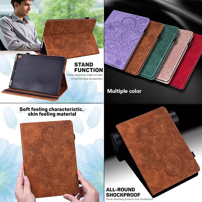 for Kindle Fire HD 8 Tablet (only Fits 10th Generation) &amp Fire HD 8 Plus 8 Case 2020 with Stand/Pencil Holder/Card Pocket/Elastic Band Embossed PU Leather Floral Cover Brown Peacock Flower