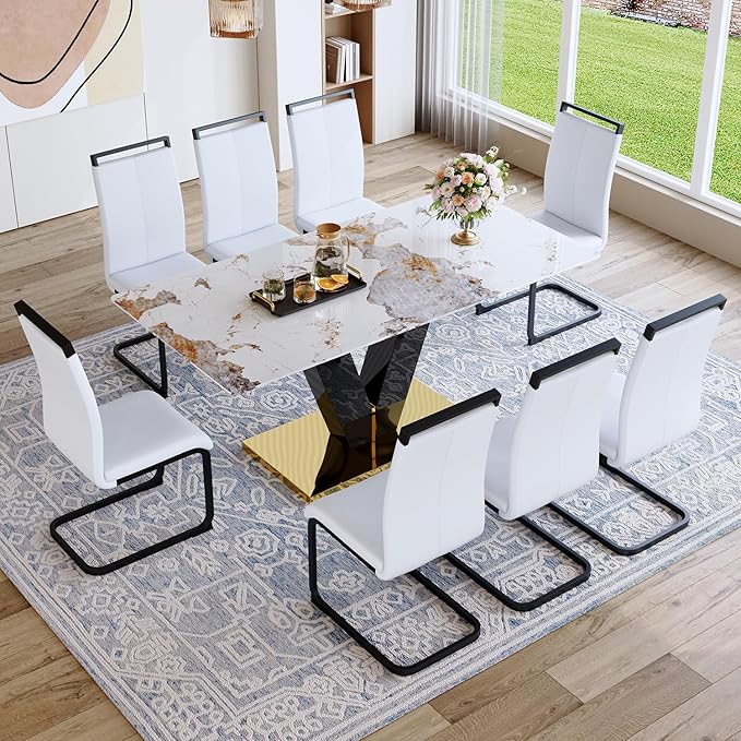 71'' Dining Table Set for 8,Rectangular Dining Room Table Set for 8,Marble Dining Table with 8 PU Leather Dining Chairs,Gold Dining Room Table with Glossy V-Shaped Base Ideal for Kitchen