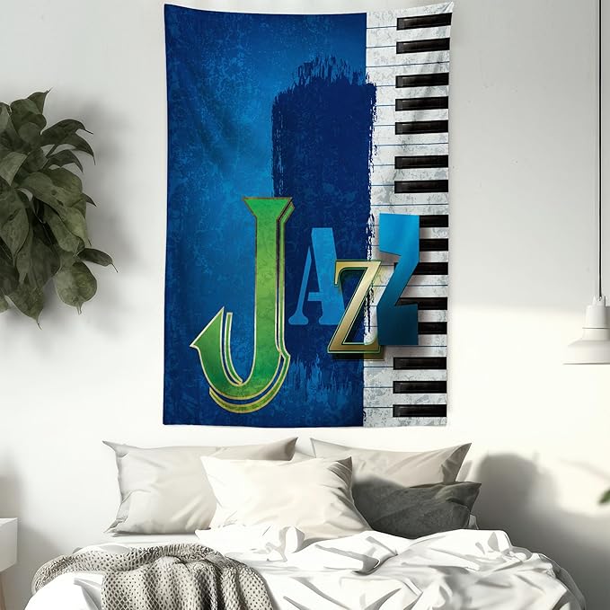 Ambesonne Jazz Music Tapestry, Abstract Cracked Background Piano Keys Themed Print Rhytym Image, Fabric Wall Hanging Decor for Bedroom Living Room Dorm, 30" X 45", Navy Green White