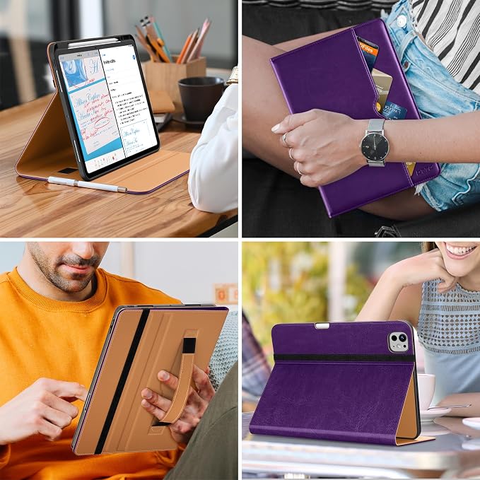 DTTO for iPad Pro 13 Inch Case (M5) 2025 / (M4) 2024 Brown | Premium Leather Business Cover with Pencil Holder Hand Strap &amp Pocket Corner Protection Auto Sleep/Wake Multiple Angles