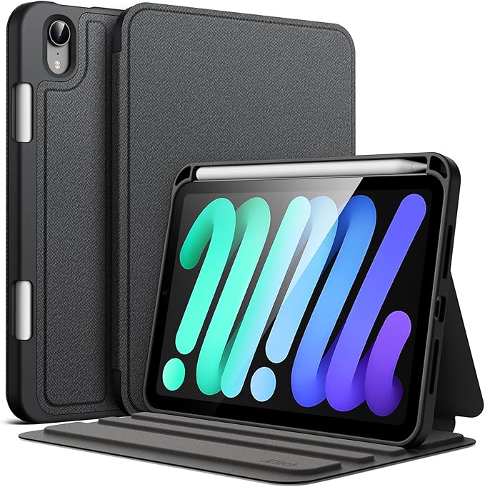 JETech Folio Case Cover for iPad mini A17 Pro/6th Gen (2024/2021) Black | Multi-Angle Stand Cover Pencil Holder Slim Protective Cover Auto Wake/Sleep