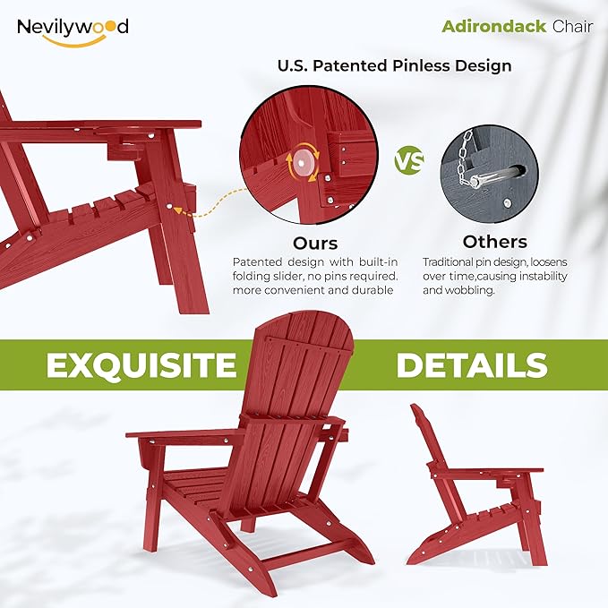nevilywood Folding Adirondack Chair with Cup Holder Set of 4, HDPE Patio Chairs,All-Weather Outdoor Chairs for Backyard, Deck,Fire Pit-Red
