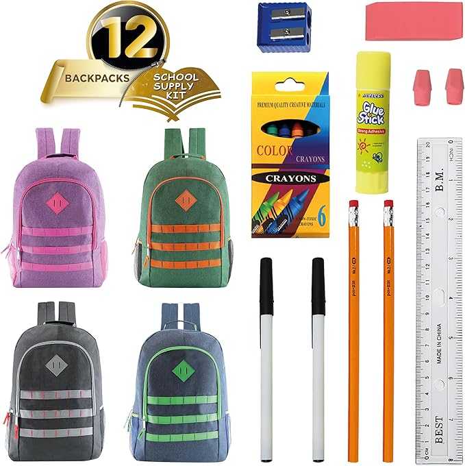 12-Pack 19” Sport Backpacks with 18 Piece School Supplies Kits - Pens, Pencils, Crayons – Bulk Bundle for Elementary, Middle, and High School Students, 4 Assorted Styles