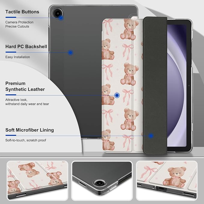 Case for Samsung Galaxy Tab A11 Plus A11+ 11 inch (2025/2026) &amp Tab A9 Plus A9+ 11 inch (2024/2023) Slim Smart Stand Cover with Translucent Hard Back Auto Wake/Sleep - Bear with Bows