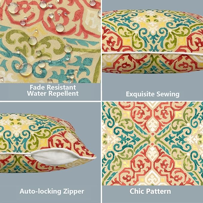 LVTXIII Outdoor Lumbar Pillow Covers 12"x20", Covers ONLY, 2 Pack 30x50cm Lumbar Cushion Cover with White Piping for Home Patio Garden Sofa Bench, Geometric Orange