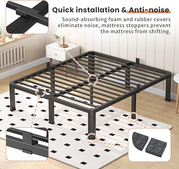 18 Inch Queen Heavy Duty 3500 lbs Bed Frame with Round-Corner Legs & Anti-Squeak Design – Quick Assembly Metal Platform, No Box Spring Needed