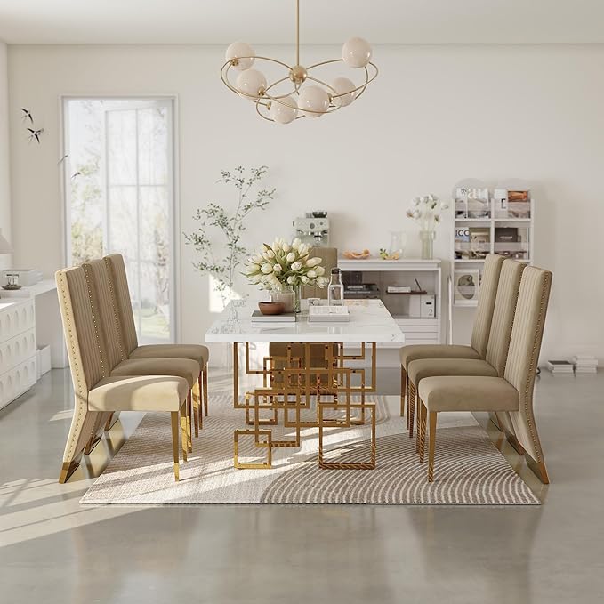 AUZ Dining Chairs with Nail Head Trim, Modern Velvet Upholstered Dining Room Chairs in Lovely Color with Polished Gold Stainless Steel Legs, Set of 4