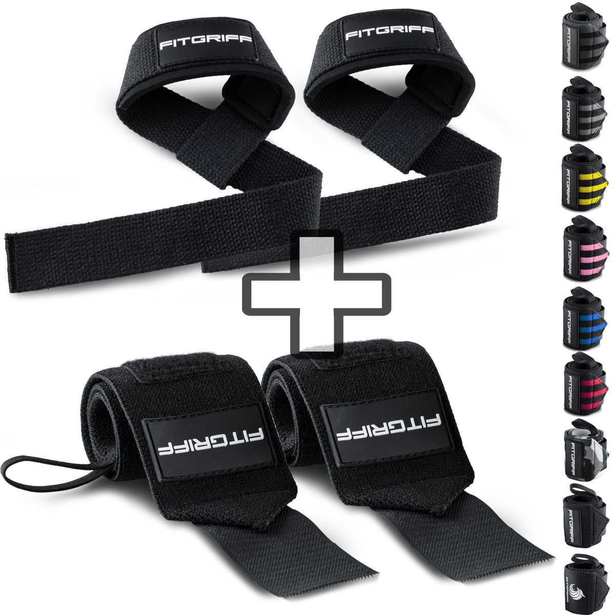 Fitgriff® Lifting Straps & Wrist Wraps (Bundle) Superior Support for Weightlifting & Gym Workouts - for Men and Women (Full Black)