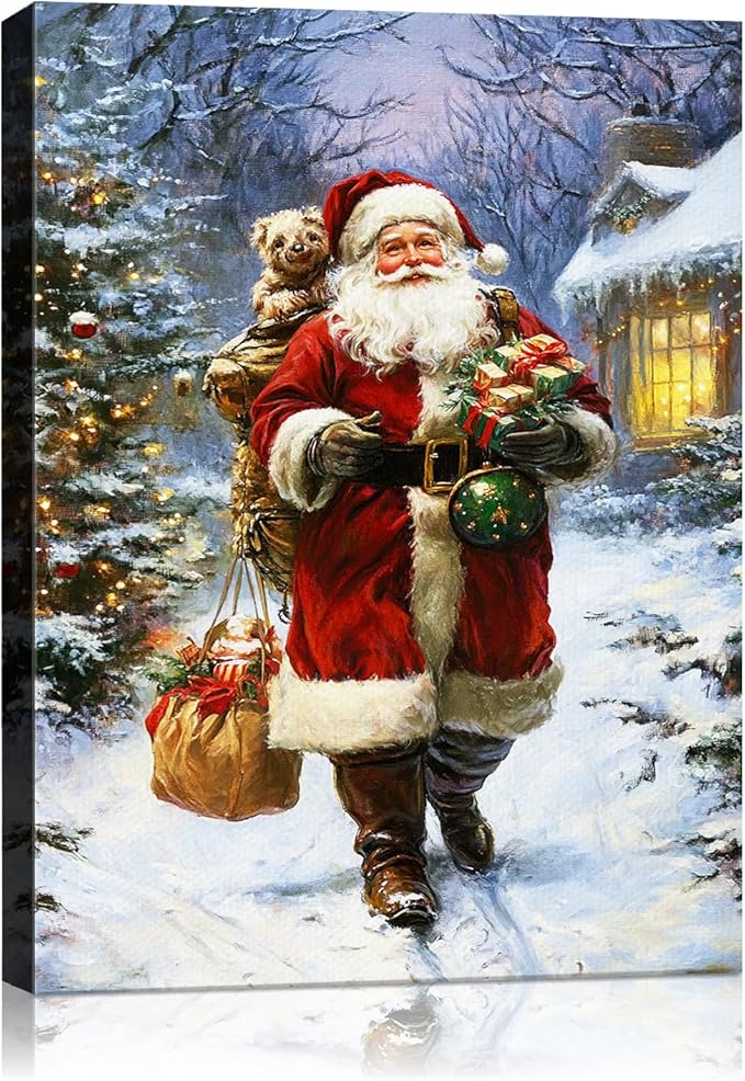 Vintage Santa Claus Christmas Canvas Wall Art - Festive Holiday Painting for Living Room,Bedroom & Bathroom, Cozy Winter Decor Framed Print, Perfect Christmas Gifts & Home Decoration