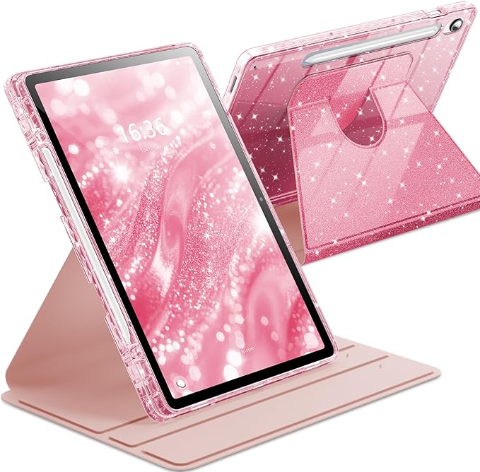 INFILAND Rotating Case for Samsung Galaxy Tab S10 FE/ S9 FE 5G 10.9 Inch/Tab S9 11 Inch 360 Cute Glitter Cover with Clear Back S Pen Holder for Girls Kids Woman (Black)
