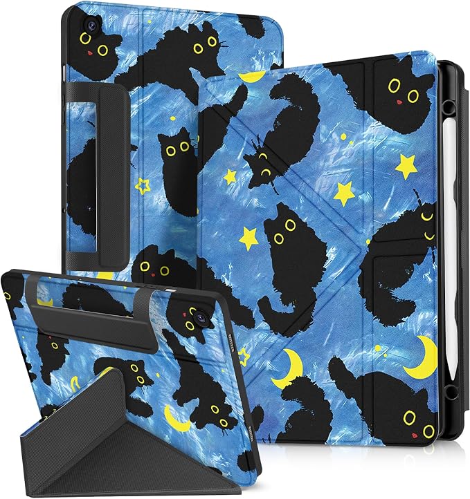 for Samsung Galaxy Tab A9 Plus Case with Pen Holder - for Girls Women Boys Cute Cartoon Cool Anime Kawaii Fun Protector Stand Folio Moon Cat