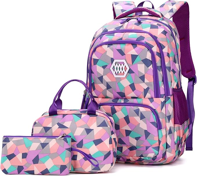 Bansusu 3Pcs Purple-a-3pcs Geometric Print Backpack and Lunch-Bag Set for Girls School Elementary Bookbags, 12.205.9016.53inch, 19 Liters