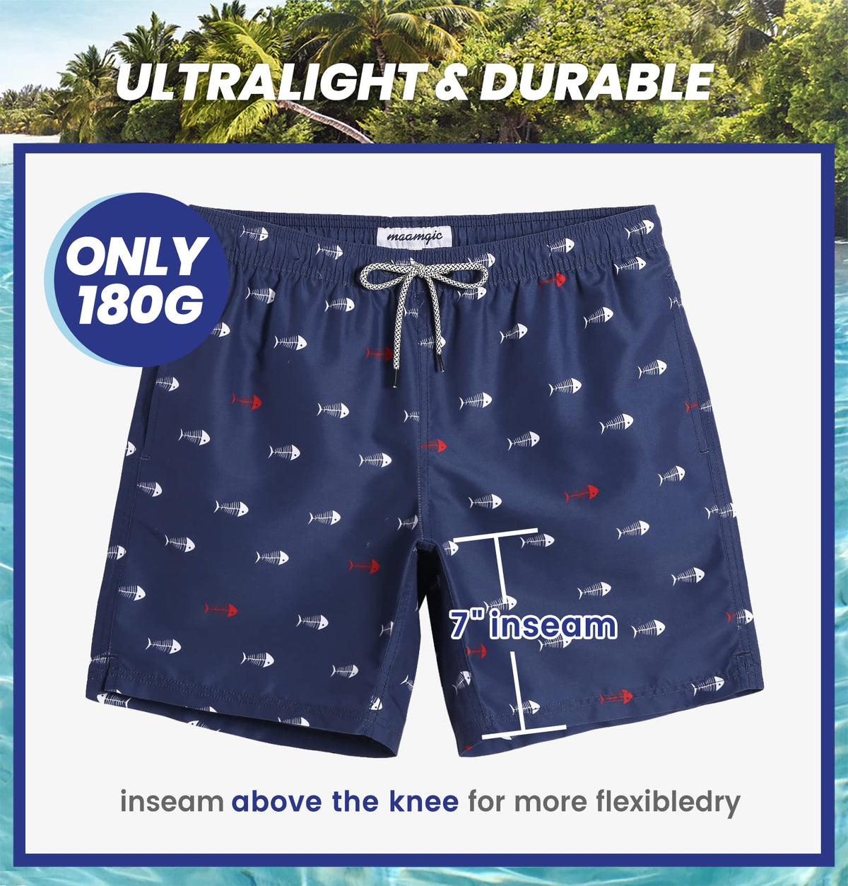 maamgic Mens Swim Trunks Quick Dry Swim Shorts with Mesh Lining Funny Swimwear Bathing Suits 7inch Navy Blue Large