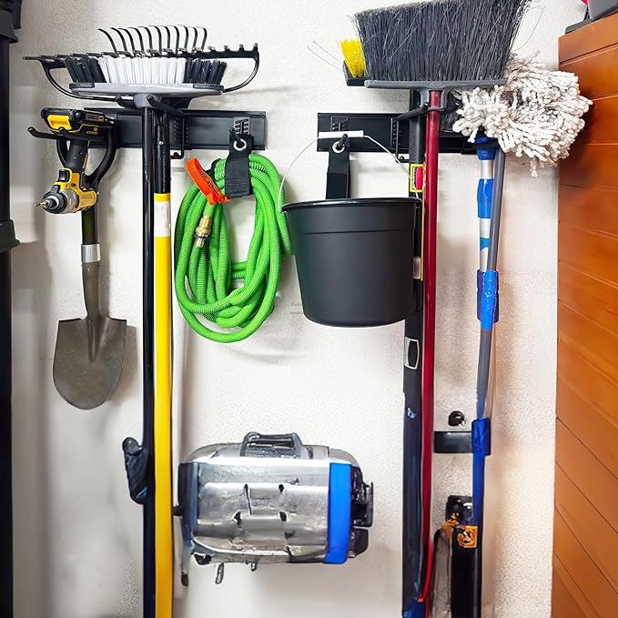 Garage Tool Organizer Wall Mount, 64 Inches Garden Tool Organizer with Adjustable Hooks, Metal Garage Storage Rack Max Loading 620lbs, Tool Holder for Hanging Rake Broom Mop Snowboard